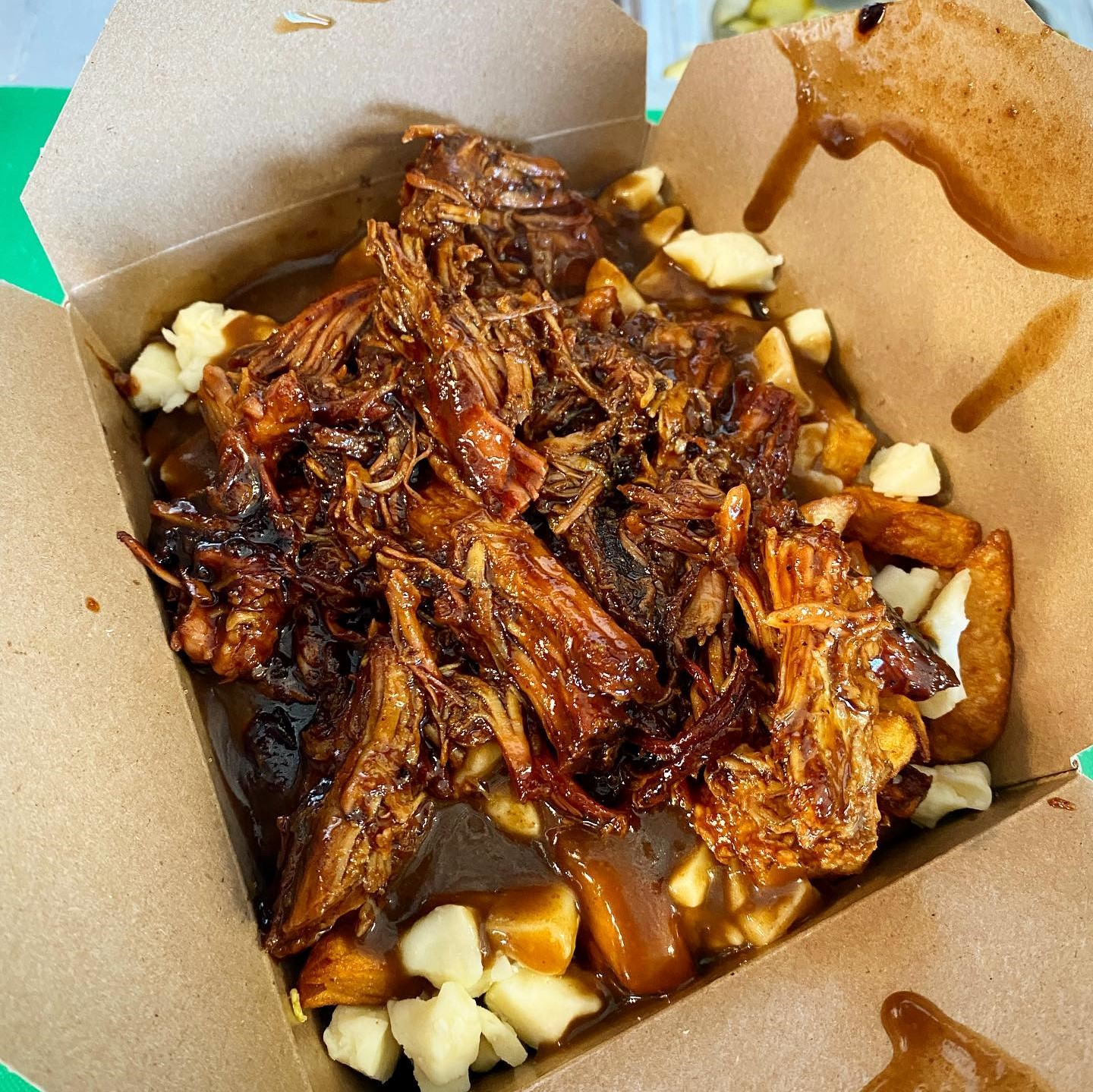 A mountain of pulled pork on top of poutine