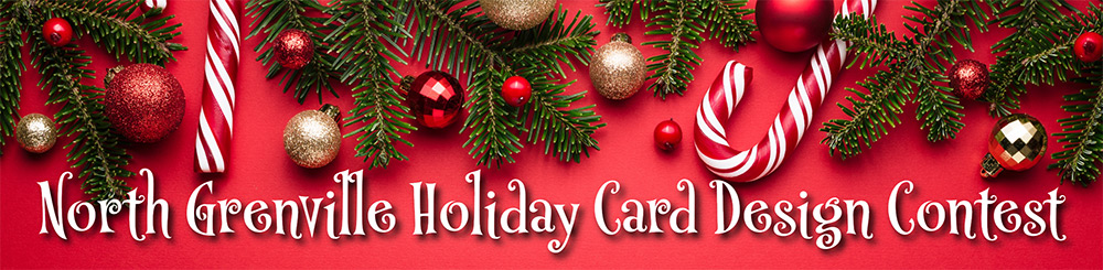 Holiday Card Design Contest Header with red background and Christmassy items scattered above