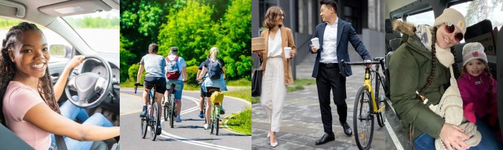 residents using different modes of transportation - driving, cycling, walking, bus