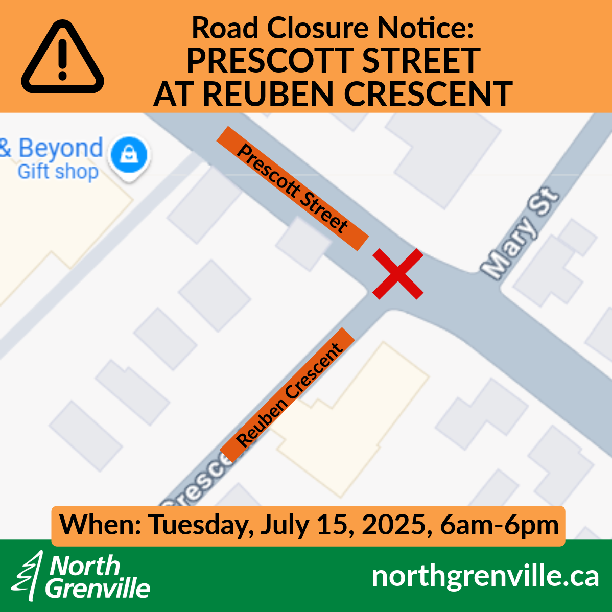 Temporary Road Closure -  Prescott Street at Reuben Crescent, Tuesday July, 15th. 
