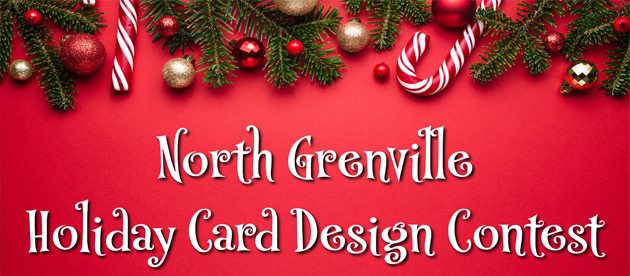 Holiday Card Design Contest on a red background with holiday items lining the top - such as branch boughs, candy canes, and tree ornaments