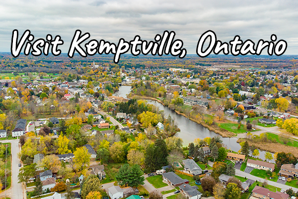 drone shot of Kemptville, Ontario, with overlay text &quot;Visit Kemptville, Ontario&quot;&quot;