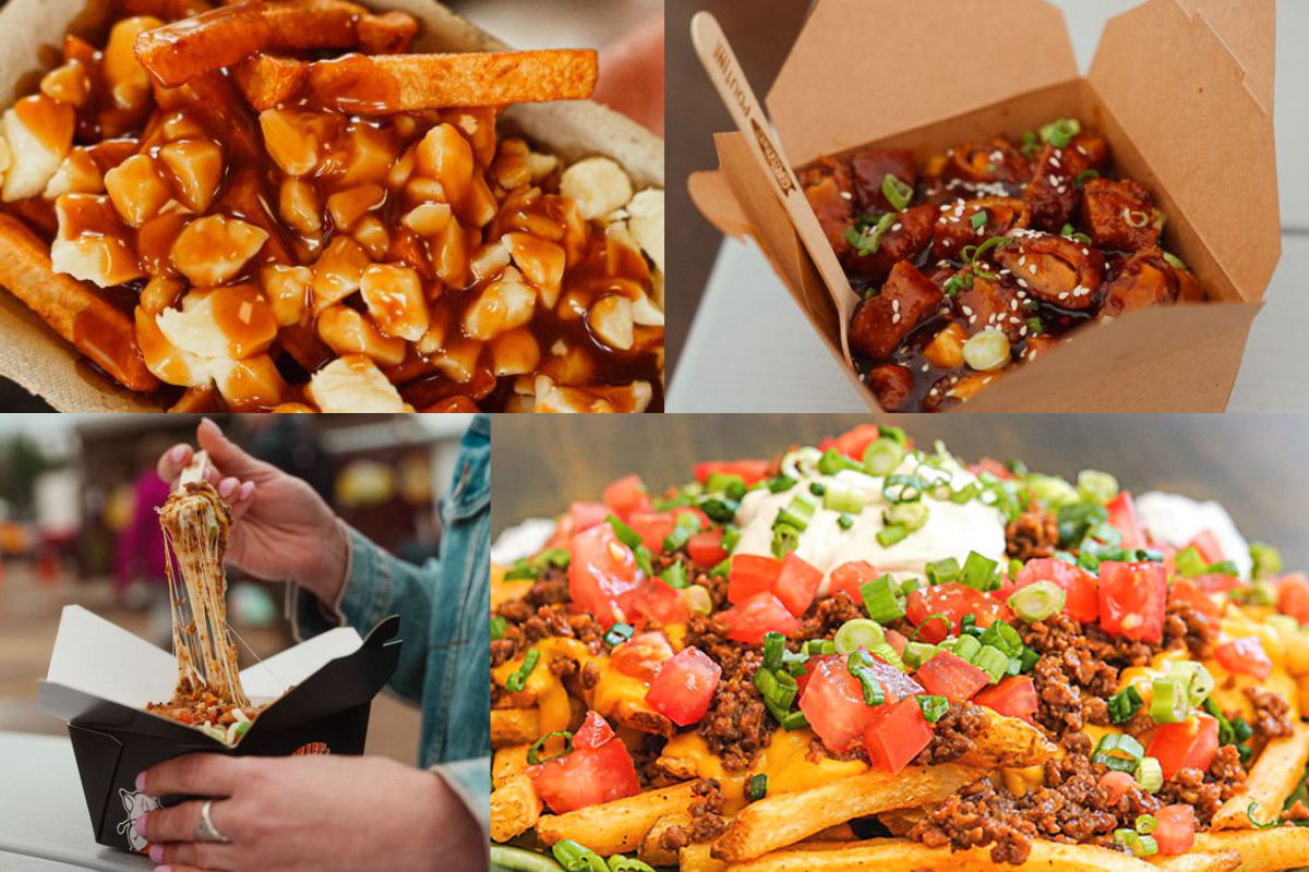 Collage of photos, including Cheesy poutine from Fat Les's stretching high as the fork lifts the fries